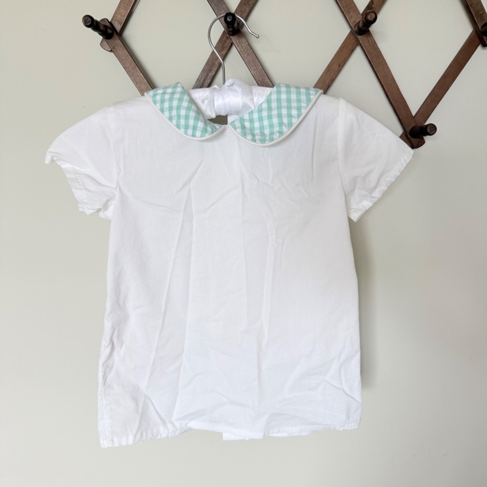 Stitchy Fish Kids White Cotton Peter Pan Collar Gingham Blouse Green Size 5